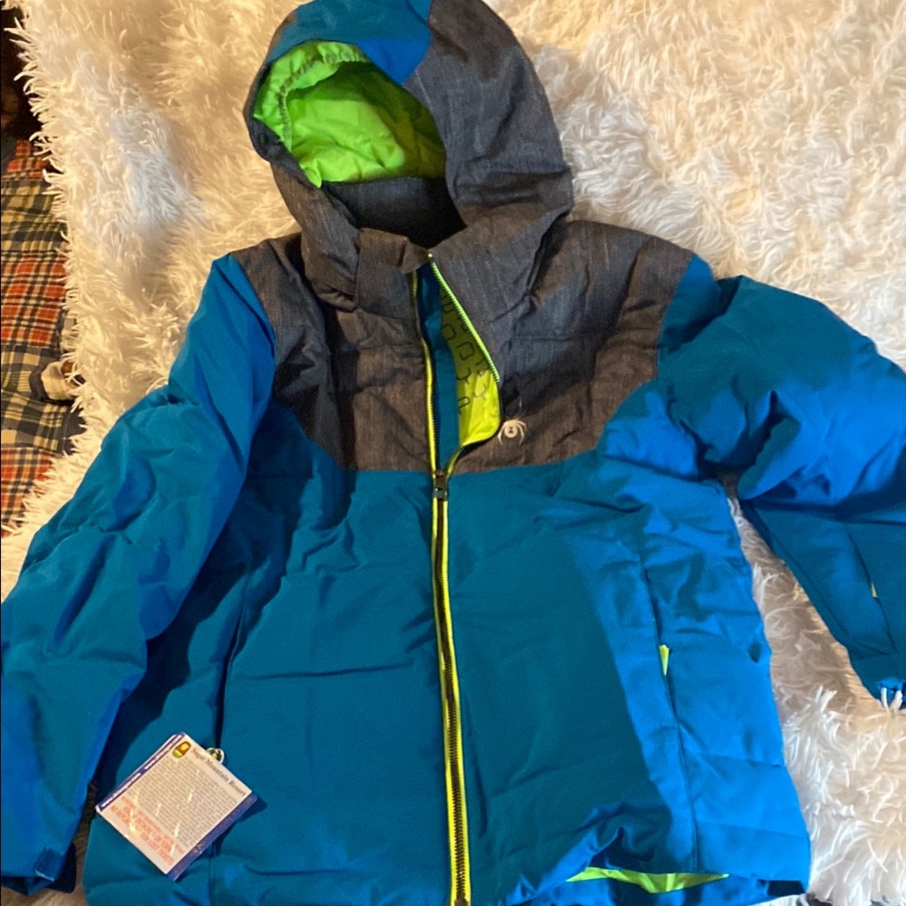 Spyder ski jacket  Blue and Gray with detachable hood with Green Lining - Picture 2 of 4